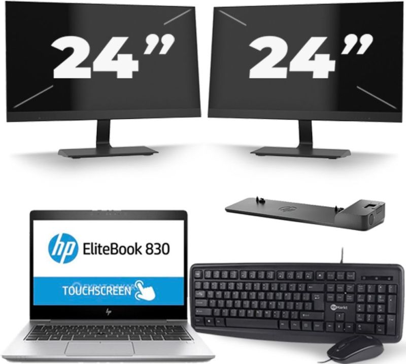 HP EliteBook 830 G5 - Intel Core i5-8e Generatie - 13 inch - 16GB RAM - 256GB SSD - Windows 11 + 2x 24 inch Monitor Zichtbaar gebruikt