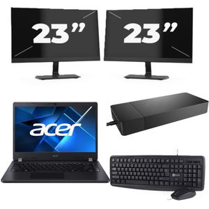 Acer TravelMate P214-53 - Intel Core i3-11e Generatie - 14 inch - 16GB RAM - 256GB SSD - Windows 11 Home + 2x 23 inch Monitor Zichtbaar gebruikt