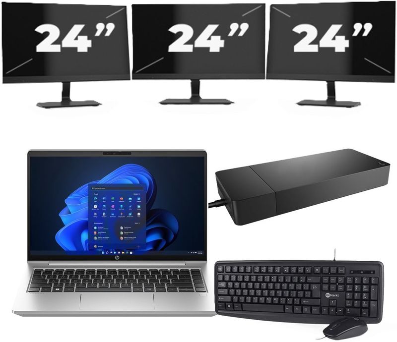 HP ProBook 440 G10 - Intel Core i3-13e Generatie - 14 inch - 16GB RAM - 256GB SSD - Windows 11 Home + 3x 24 inch Monitor Nette Staat