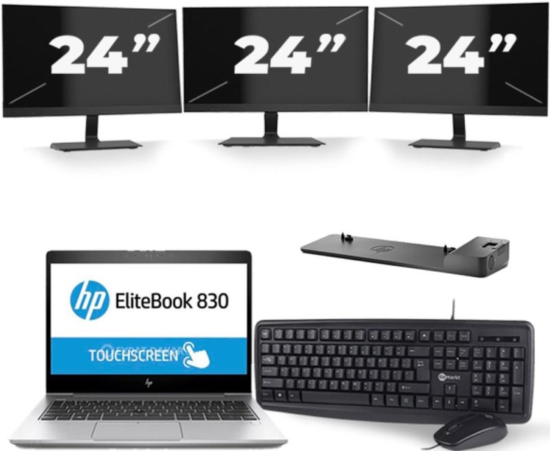 HP EliteBook 830 G5 - Intel Core i5-8e Generatie - 13 inch - 16GB RAM - 256GB SSD - Windows 11 + 3x 24 inch Monitor Zichtbaar gebruikt