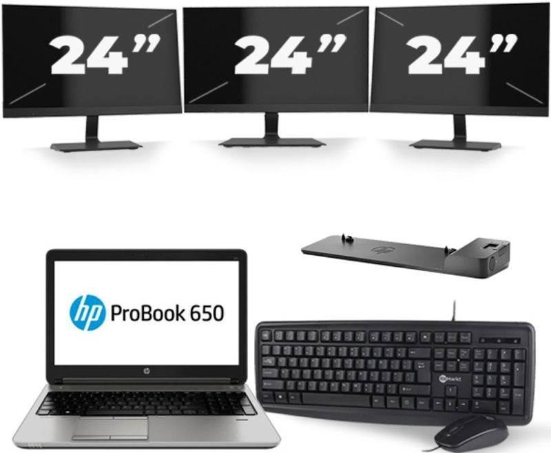 HP ProBook 650 G3 - Intel Core i7-7e Generatie - 15 inch - 16GB RAM - 256GB SSD - Windows 11 + 3x 24 inch Monitor Nette Staat