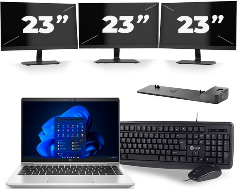 HP ProBook 640 G8 - Intel Core i5-11e Generatie - 14 inch - 16GB RAM - 256GB SSD - Windows 11 + 3x 23 inch Monitor Zichtbaar gebruikt