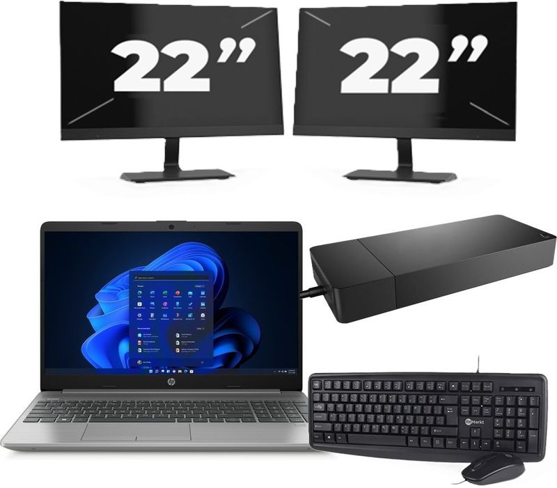 HP 250 G8 - Intel Core i3-11e Generatie - 15 inch - 16GB RAM - 256GB SSD - Windows 11 Home + 2x 22 inch Monitor Zichtbare schade