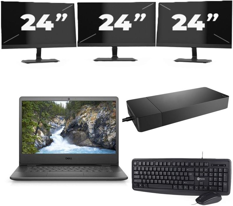 Dell Vostro 3400 - Intel Core i5-11e Generatie - 14 inch - 8GB RAM - 256GB SSD - Windows 11 Home + 3x 24 inch Monitor Nette Staat