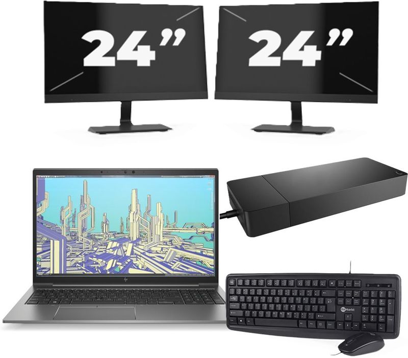 HP ZBook Firefly 15 G8 - Intel Core i7-11e Generatie - 15 inch - 16GB RAM - 256GB SSD - Windows 11 Home + 2x 24 inch Monitor Zichtbaar gebruikt