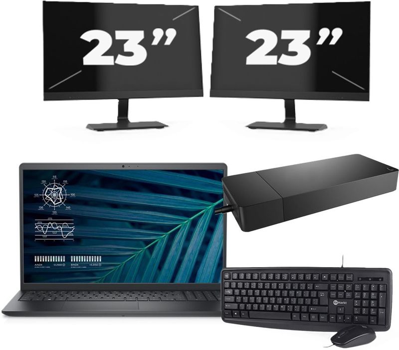 Dell Vostro 15 3510 - Intel Core i5-11e Generatie - 15 inch - 16GB RAM - 256GB SSD - Windows 11 Home + 2x 23 inch Monitor Nette Staat