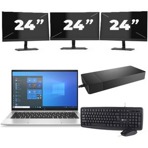 HP EliteBook x360 1030 G8 - Intel Core i7-11e Generatie - 13 inch - 16GB RAM - 256GB SSD - Windows 11 Home + 3x 24 inch Monitor Zichtbaar gebruikt
