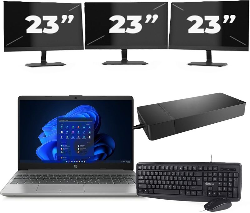 HP 250 G8 - Intel Core i5-11e Generatie - 15 inch - 16GB RAM - 256GB SSD - Windows 11 Home + 3x 23 inch Monitor Zichtbare schade