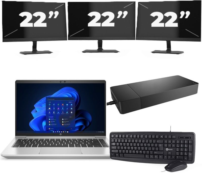 HP ProBook 445 G8 - AMD Ryzen 5 5600U - 14 inch - 16GB RAM - 256GB SSD - Windows 11 Home + 3x 22 inch Monitor Zichtbaar gebruikt