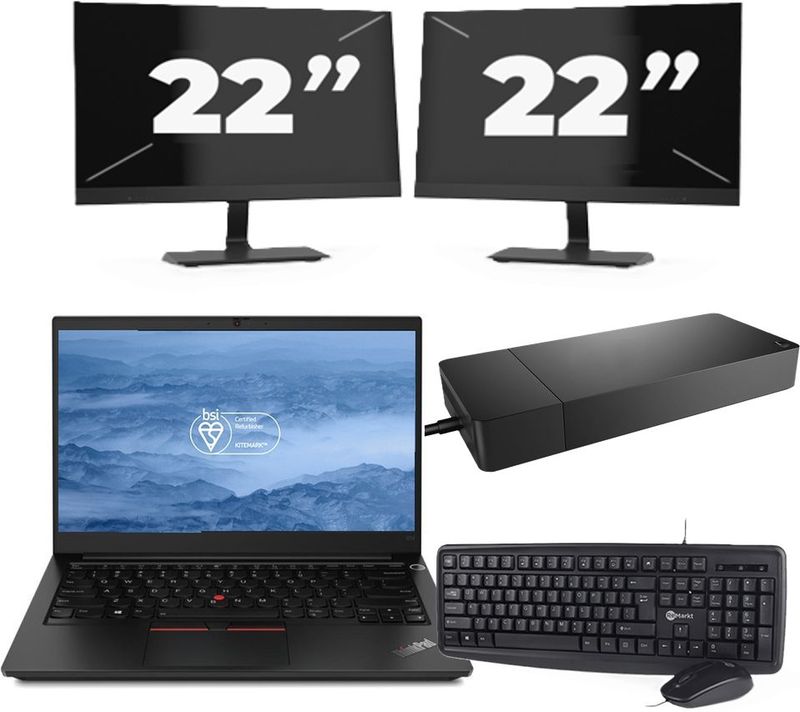 Lenovo ThinkPad E14 - Intel Core i3-10e Generatie - 14 inch - 16GB RAM - 256GB SSD - Windows 11 + 2x 22 inch Monitor Zichtbaar gebruikt
