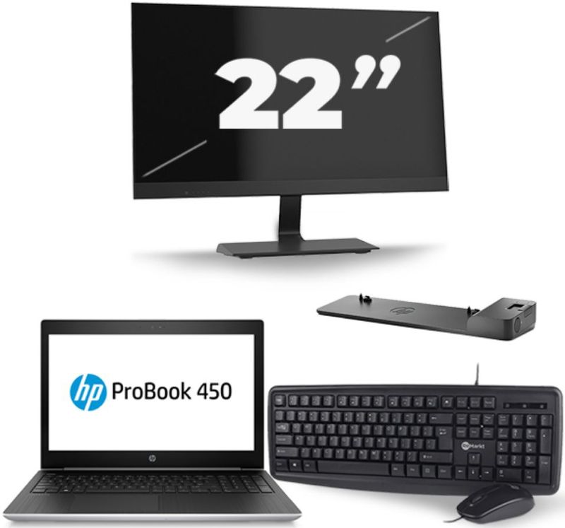 HP ProBook 450 G5 - Intel Core i3-7e Generatie - 15 inch - 8GB RAM - 256GB SSD - Windows 11 + 1x 22 inch Monitor Zichtbaar gebruikt