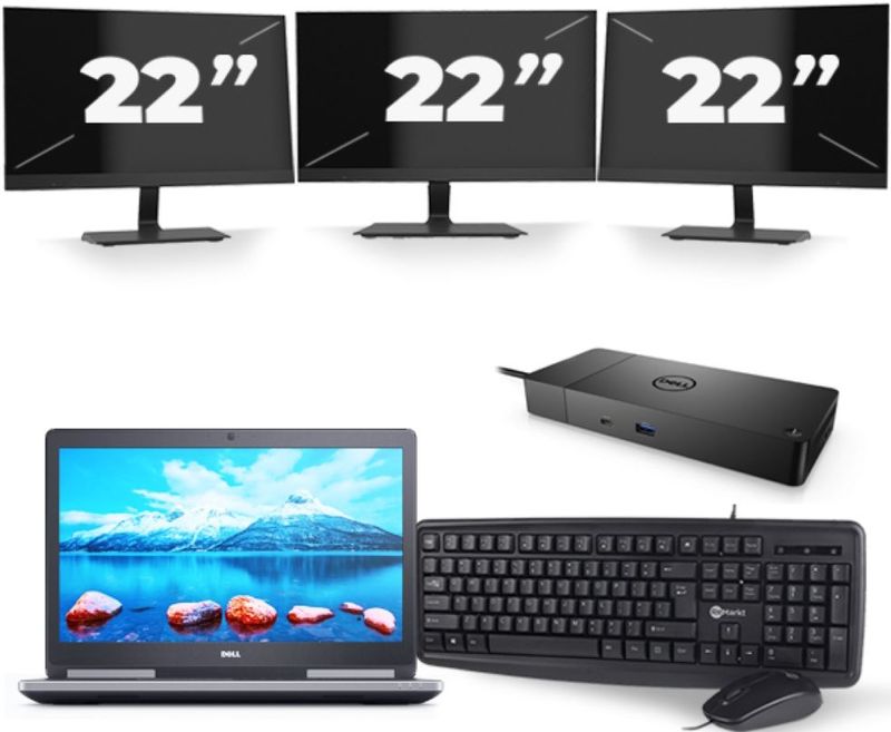Dell Precision 7520 - Intel Core i7-7e Generatie - 15 inch - 16GB RAM - 256GB SSD - Windows 11 + 3x 22 inch Monitor Zichtbaar gebruikt