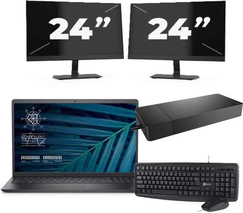 Dell Vostro 15 3510 - Intel Core i5-11e Generatie - 15 inch - 16GB RAM - 256GB SSD - Windows 11 Home + 2x 24 inch Monitor Nette Staat