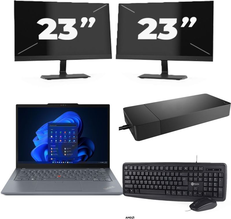 Lenovo ThinkPad X13 - AMD Ryzen 3 PRO 4450U - 13 inch - 8GB RAM - 256GB SSD - Windows 11 Home + 2x 23 inch Monitor Zichtbaar gebruikt