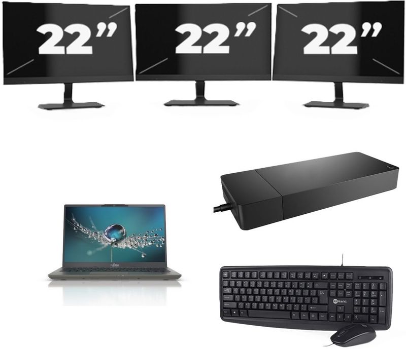 Fujitsu Lifebook U7411 - Intel Core i5-11e Generatie - 14 inch - 16GB RAM - 256GB SSD - Windows 11 Home + 3x 22 inch Monitor Nette Staat