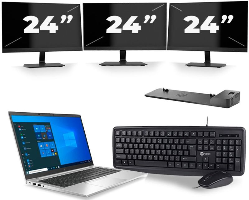 HP EliteBook 845 G7 - AMD Ryzen 7 PRO 4750U - 14 inch - 16GB RAM - 256GB SSD - Windows 10 Home + 3x 24 inch Monitor Zichtbaar gebruikt