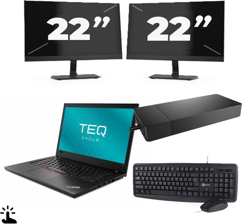 Lenovo ThinkPad T480 - Intel Core i3-8e Generatie - 14 inch - Touch - 8GB RAM - 256GB SSD - Windows 11 + 2x 22 inch Monitor Nette Staat