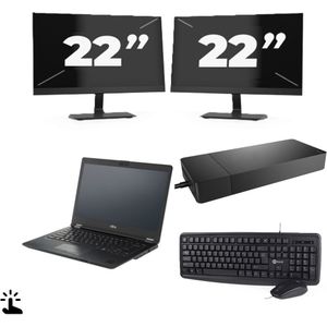 Fujitsu Lifebook U7410 - Intel Core i5-10e Generatie - 14 inch - Touch - 16GB RAM - 256GB SSD - Windows 11 Home + 2x 22 inch Monitor Nette Staat