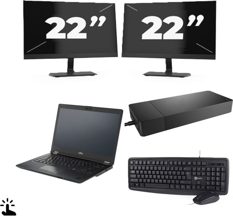 Fujitsu Lifebook U7410 - Intel Core i5-10e Generatie - 14 inch - Touch - 16GB RAM - 256GB SSD - Windows 11 Home + 2x 22 inch Monitor Nette Staat