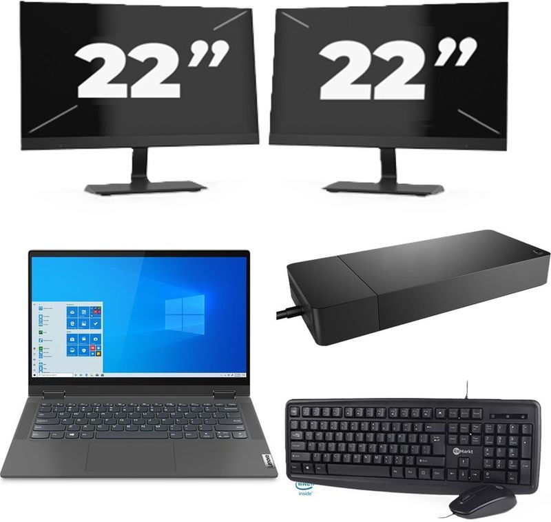 Lenovo IdeaPad Flex 5 14ITL05 - Intel Core i3-11e Generatie - 14 inch - 16GB RAM - 256GB SSD - Windows 11 Home + 2x 22 inch Monitor Zichtbaar gebruikt