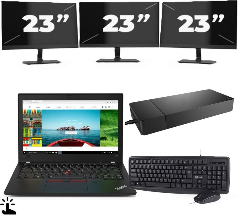 Lenovo ThinkPad A285 - AMD Ryzen 5 2500U - 12 inch - Touch - 8GB RAM - 256GB SSD - Windows 11 Home + 3x 23 inch Monitor Zichtbare schade