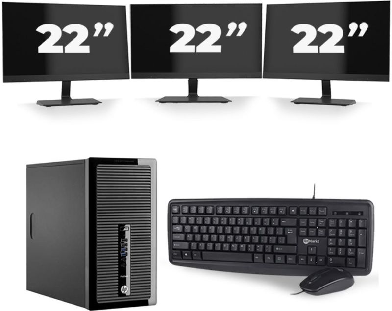 HP ProDesk 400 G3 Micro Tower - Intel Core i5-6e Generatie - 8GB RAM - 256GB SSD - Windows 11 + 3x 22 inch Monitor Nette Staat