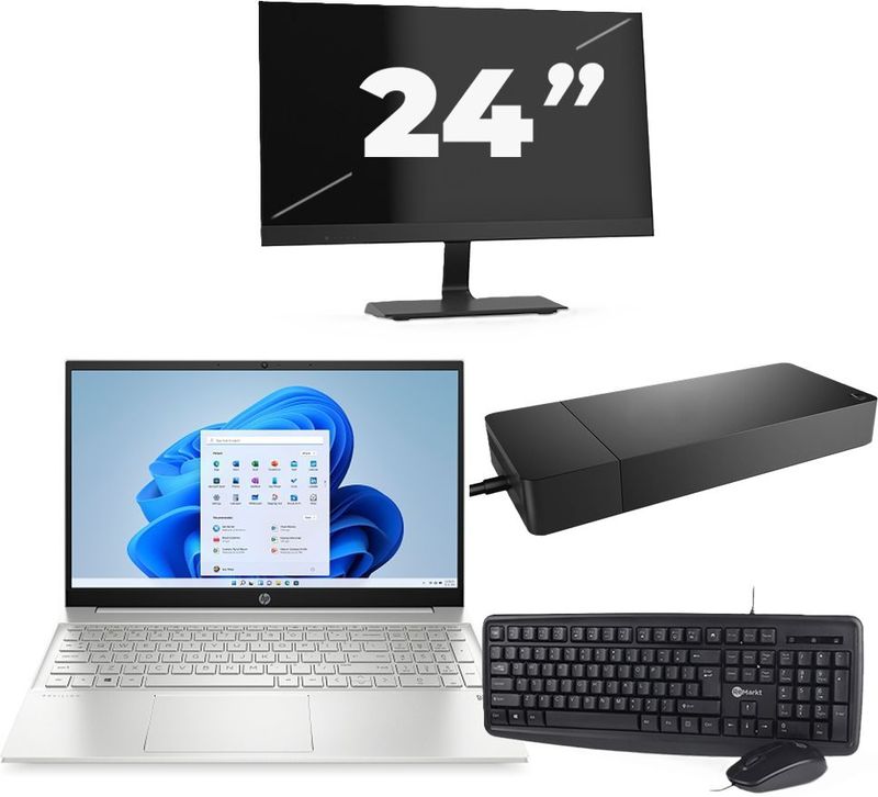 HP Pavilion 15-EG2 - Intel Core i5-12e Generatie - 15 inch - 16GB RAM - 256GB SSD - Windows 11 Home + 1x 24 inch Monitor Nette Staat