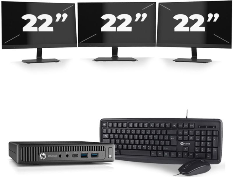 HP EliteDesk 800 G2 USFF - Intel Core i7-6e Generatie - 16GB RAM - 256GB SSD - Windows 11 + 3x 22 inch Monitor Nette Staat