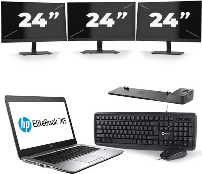 HP EliteBook 745 G3 - AMD PRO A10-8700B - 14 inch - 8GB RAM - 256GB SSD - Windows 11 + 3x 24 inch Monitor Zichtbaar gebruikt