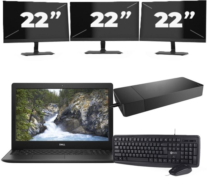 Dell Vostro 3580 - Intel Core i3-8e Generatie - 15 inch - 8GB RAM - 256GB SSD - Windows 11 Home + 3x 22 inch Monitor Nette Staat