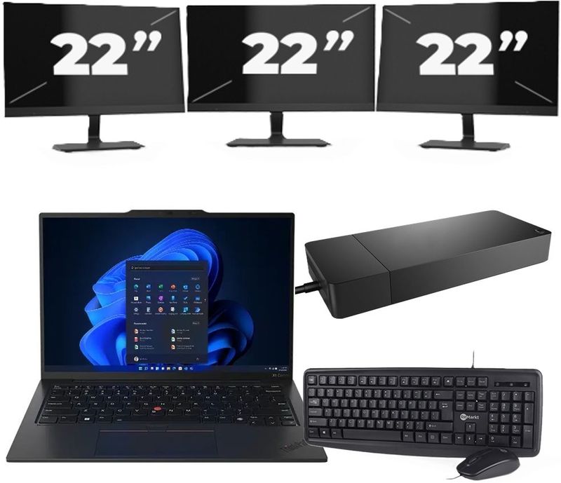Lenovo ThinkPad X1C - Intel Core i5-6e Generatie - 14 inch - 8GB RAM - 256GB SSD - Windows 11 Home + 3x 22 inch Monitor Zichtbaar gebruikt