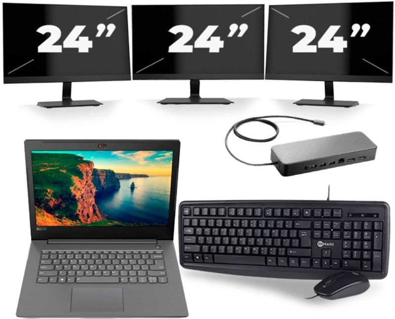 Lenovo V330-14IKB - Intel Core i3-8e Generatie - 14 inch - 8GB RAM - 256GB SSD - Windows 11 + 3x 24 inch Monitor Zichtbaar gebruikt