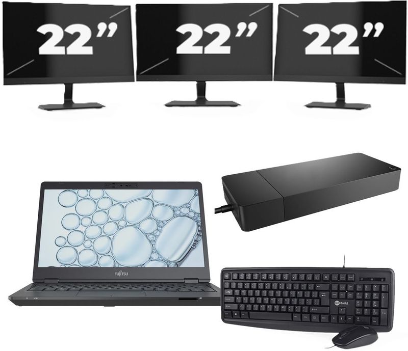 Fujitsu Lifebook U7310 - Intel Core i5-10e Generatie - 13 inch - 8GB RAM - 256GB SSD - Windows 11 Home + 3x 22 inch Monitor Nette Staat