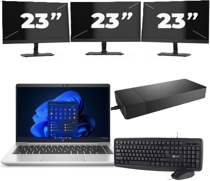 HP ProBook 445 G8 - AMD Ryzen 5 5600U - 14 inch - 16GB RAM - 256GB SSD - Windows 11 Home + 3x 23 inch Monitor Zichtbaar gebruikt