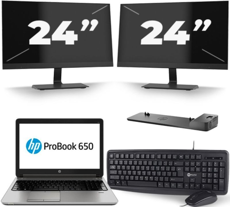 HP ProBook 650 G3 - Intel Core i7-7e Generatie - 15 inch - 16GB RAM - 256GB SSD - Windows 11 + 2x 24 inch Monitor Zichtbaar gebruikt