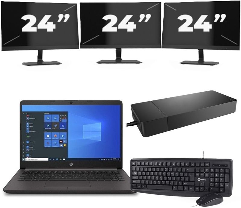 HP 240 G8 - Intel Core i3-10e Generatie - 14 inch - 16GB RAM - 256GB SSD - Windows 11 Home + 3x 24 inch Monitor Zichtbaar gebruikt