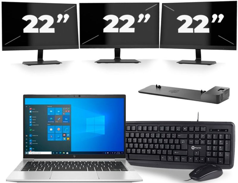 HP EliteBook 830 G8 - Intel Core i5-11e Generatie - 13 inch - 16GB RAM - 256GB SSD - Windows 11 + 3x 22 inch Monitor Nette Staat