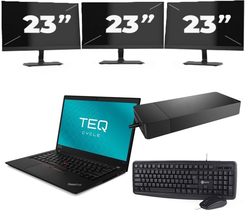 Lenovo ThinkPad T490s - Intel Core i5-8e Generatie - 14 inch - 8GB RAM - 256GB SSD - Windows 11 Home + 3x 23 inch Monitor Nette Staat