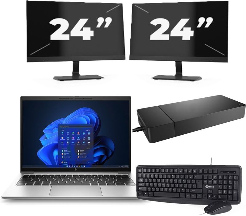 HP EliteBook 830 G9 - Intel Core i7-12e Generatie - 13 inch - 16GB RAM - 256GB SSD - Windows 11 Home + 2x 24 inch Monitor Zichtbaar gebruikt