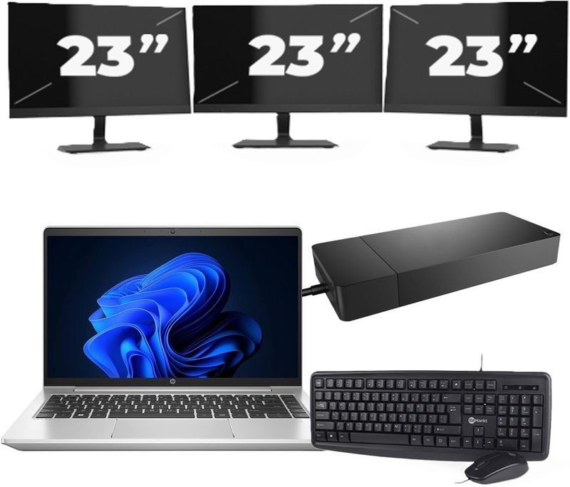 HP ProBook 440 G9 - Intel Core i3-12e Generatie - 14 inch - 16GB RAM - 256GB SSD - Windows 11 + 3x 23 inch Monitor Nette Staat