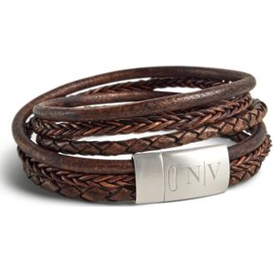 Luxe dubbele heren armband leer graveren - Bruin - M