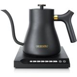 Arendo Wasserkocher Edelstahl, Schwanenhals, mit Temperatureinstellung, Warmhaltefunktion, 0,5 l, 1000 W, Temperaturwahl 40° - 100°, 360° Basis, Retro Design, Sensortasten