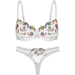 Elegant Love Set: Push-up-BH Bestickter BH & Tüll-Tanga, Transparentes Mesh-Dessous (Set, 2-tlg., mit String, Panty) elegantes Lingerie Sexy Set, Unterwäsche für Frauen