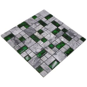 Mosani Mosaikfliesen Glasmosaik Naturstein Mosaikfliesen grau mit grün glänzend, Dekorative Wandverkleidung