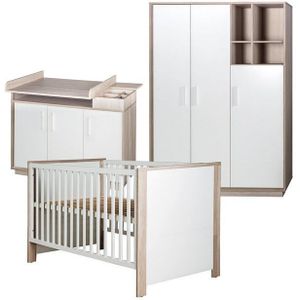 roba® Babyzimmer-Komplettset Olaf - Kinderzimmer Set - aus Holz - Weiß - Dekor Luna Elm, Gitterbett, Wickelkommode, 3-türiger Drehtürenschrank, umbaubar
