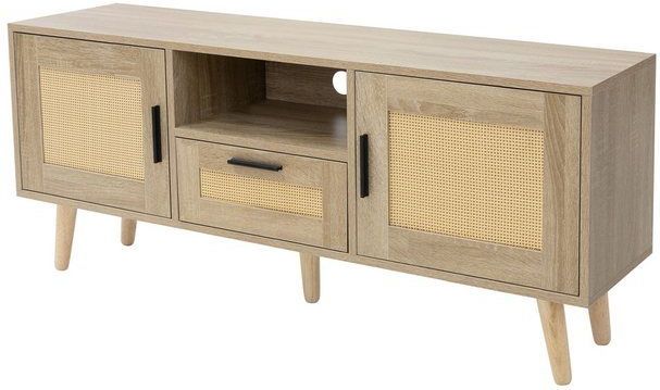 ML-DESIGN Lowboard Fernsehschrank TV-Kommode TV Board für Wohnzimmer Fernseher Möbel, TV-Schrank Rattan-Look bis 55 Zoll MDF / Rattan Eiche