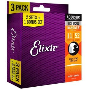 Elixir Saiten, 16538 Nanoweb Acoustic Bronze 11-52 - 3 Pack - Westerngitarrensaiten