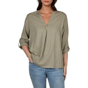 DENIMFY Hemdbluse Damen Leinen Bluse DFSara Regular Fit Tunika mit V-Ausschnitt und Serafino Kragen