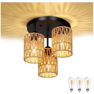 MUPOO LED Deckenleuchte Rattan Deckenlampe Hängend 3-Flammige Boho, mit 3-E27 Glühbirne, Hängelampe mit Rattan Lampenschirm