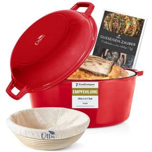 Ottia Schmortopf Gusseisen Topf, Brot backen, Dutch Oven, 2-in-1, 26cm, 5 Liter, Emaille, Gusseisen (Zubehör (E-Book & Gärkorb), Händler aus Hamburg